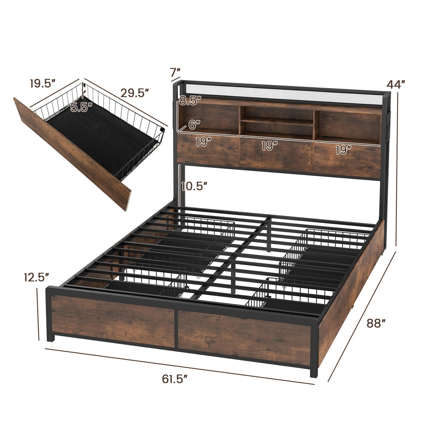 Full/Queen Size Bed Frame with Bookcase Headboard and 4 Storage Drawers-Queen Size