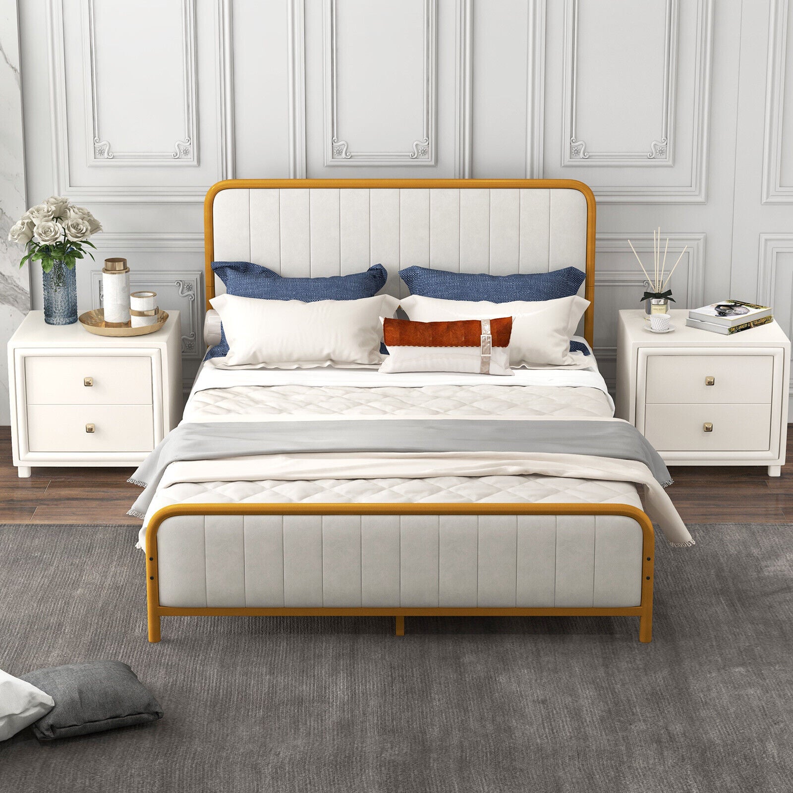 Upholstered Gold Platform Bed Frame with Velvet Headboard-Queen Size