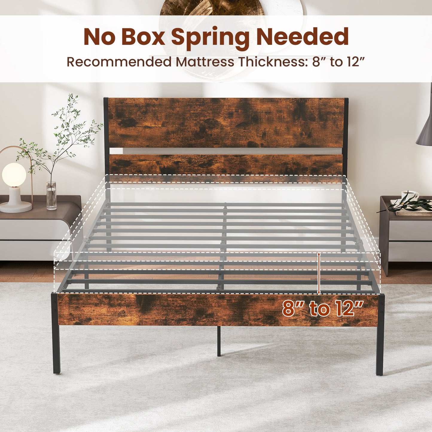 Twin/Full/Queen/King Metal Bed Frame with Wooden Headboard and Footboard-Queen Size