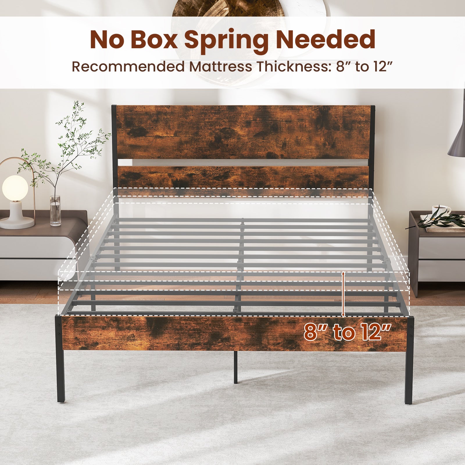 Twin/Full/Queen/King Metal Bed Frame with Wooden Headboard and Footboard-Queen Size