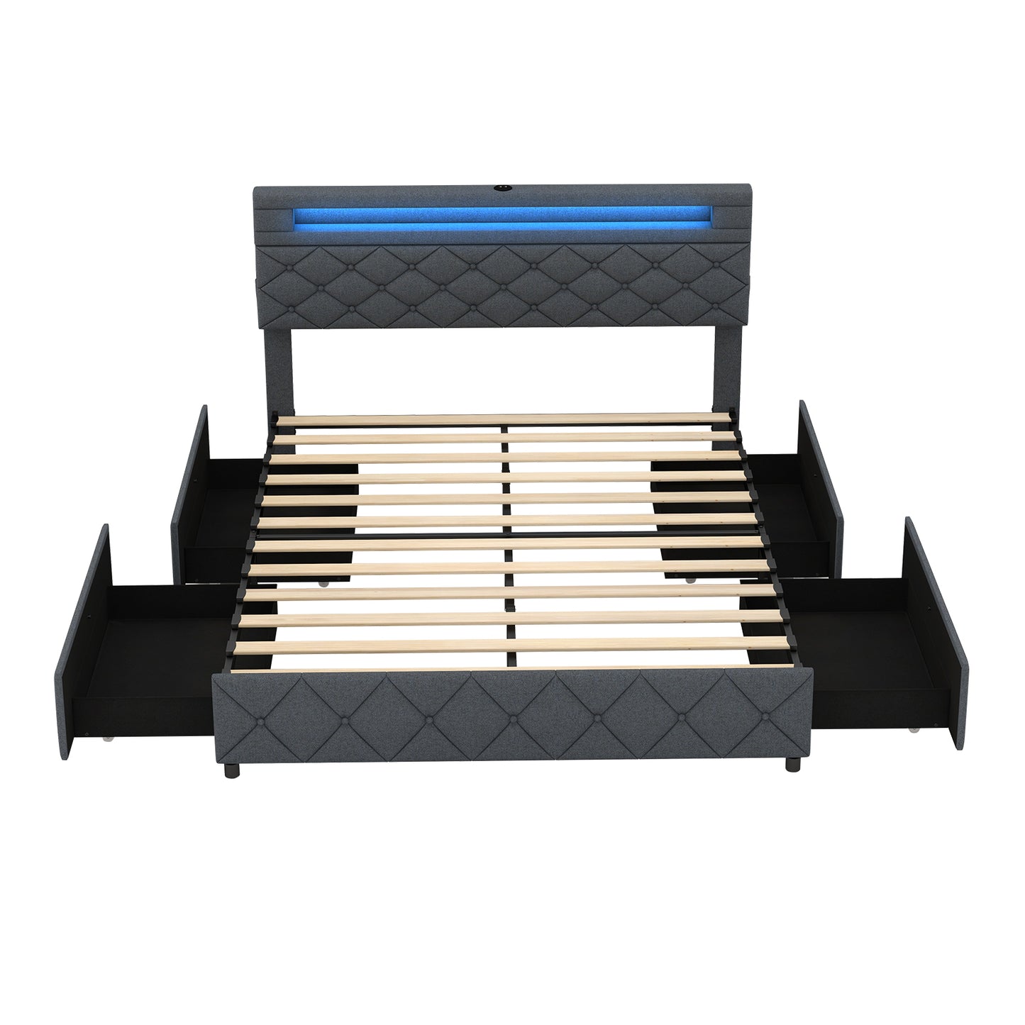 Full/Queen Size Bed Frame with Adjustable Storage Headboard and Wooden Slat Support-Queen Size - Queen Size