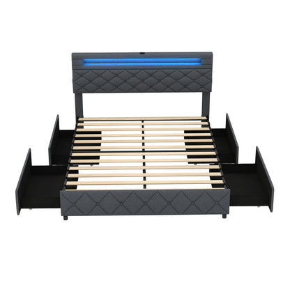 Full/Queen Size Bed Frame with Adjustable Storage Headboard and Wooden Slat Support-Queen Size - Queen Size