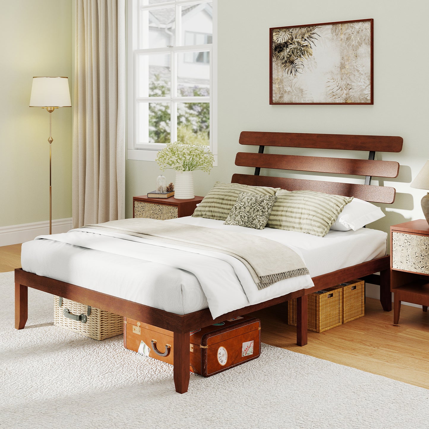 Queen Size Bed Frame 15.5 Inch Solid Wood Platform Bed with Retro Headboard