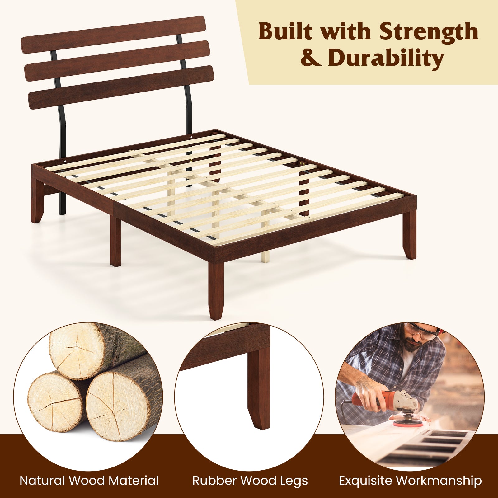 Queen Size Bed Frame 15.5 Inch Solid Wood Platform Bed with Retro Headboard
