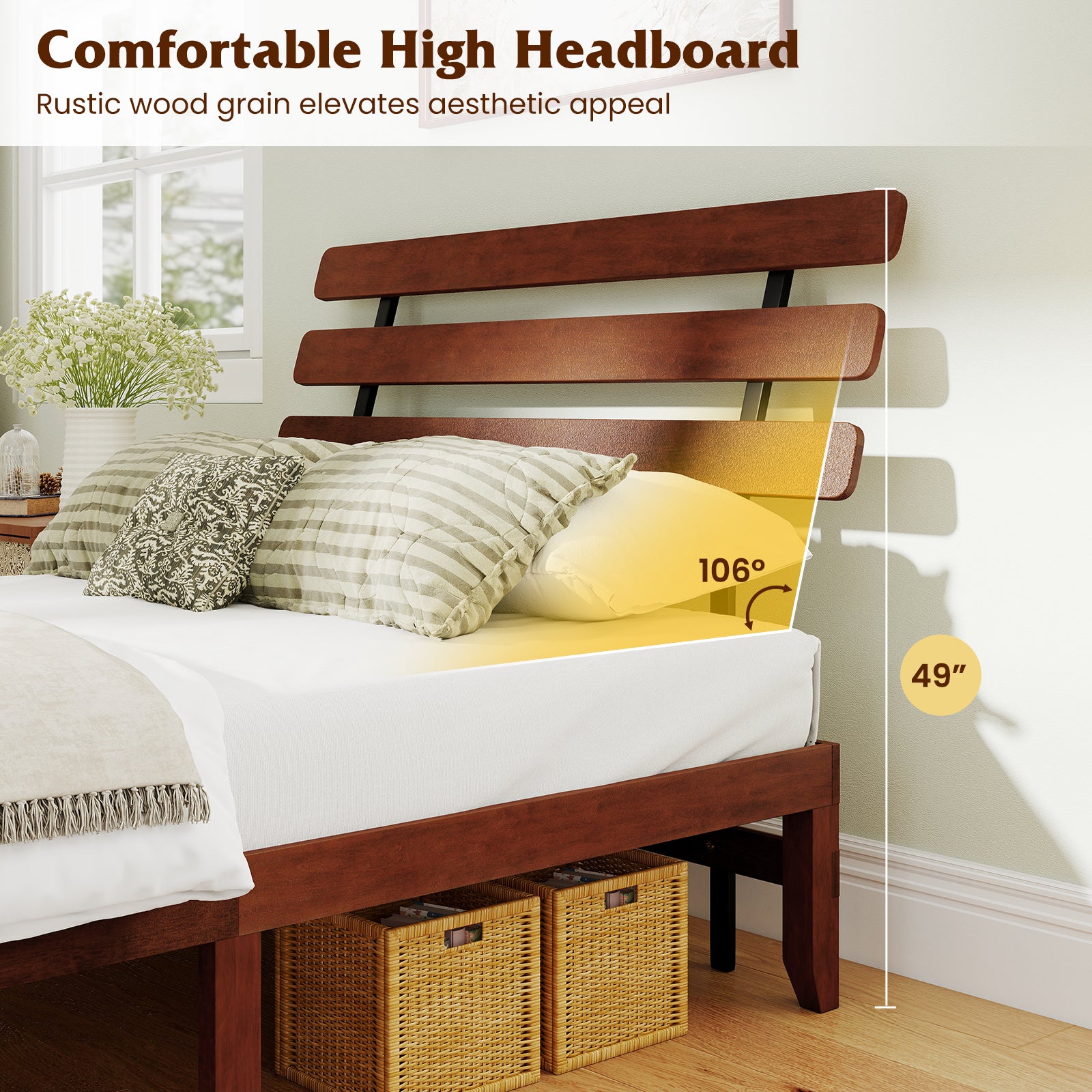 Queen Size Bed Frame 15.5 Inch Solid Wood Platform Bed with Retro Headboard