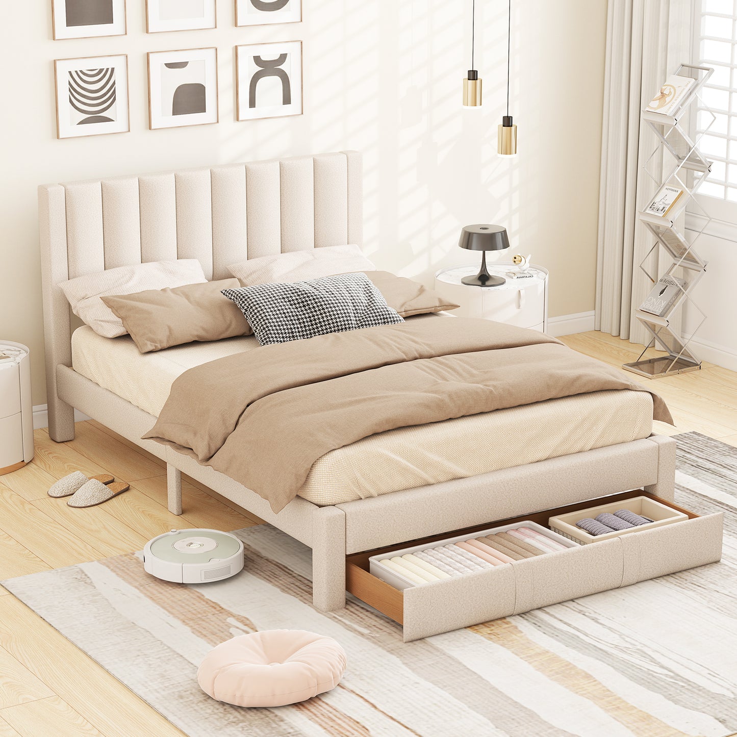 Queen Size Bed Frame with Storage Drawer and Vertical Channel Headboard-Beige