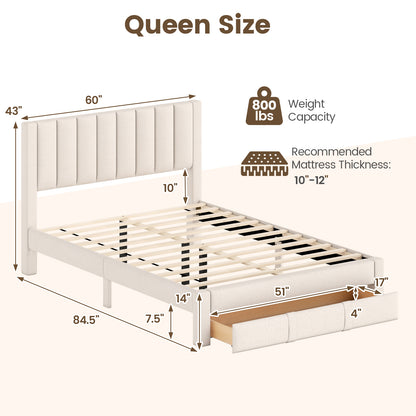 Queen Size Bed Frame with Storage Drawer and Vertical Channel Headboard-Beige