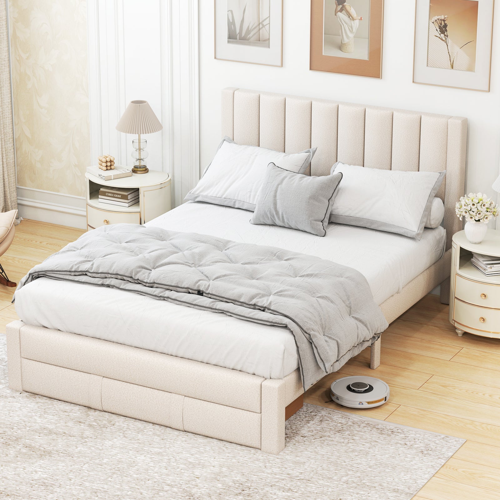 Queen Size Bed Frame with Storage Drawer and Vertical Channel Headboard-Beige