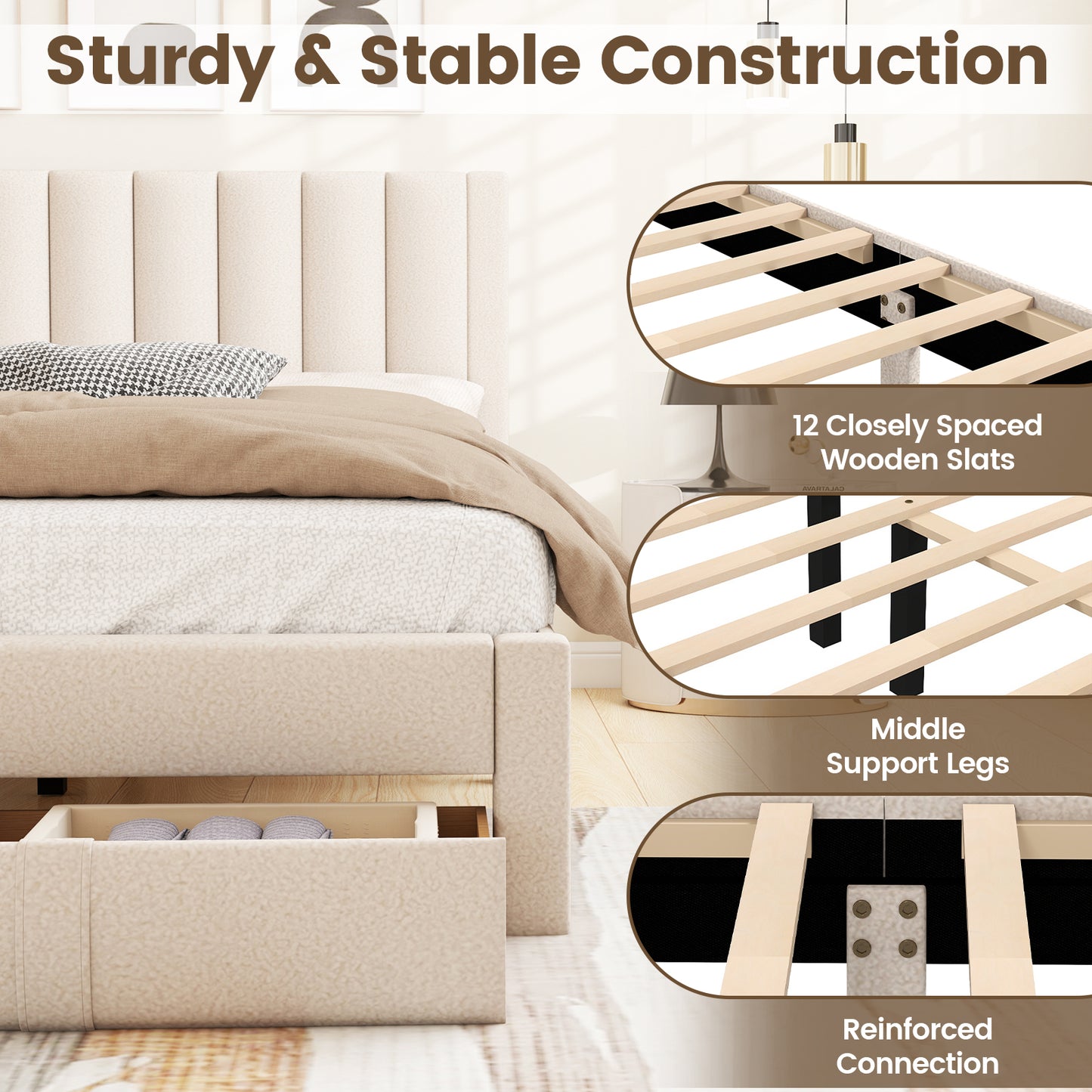 Queen Size Bed Frame with Storage Drawer and Vertical Channel Headboard-Beige