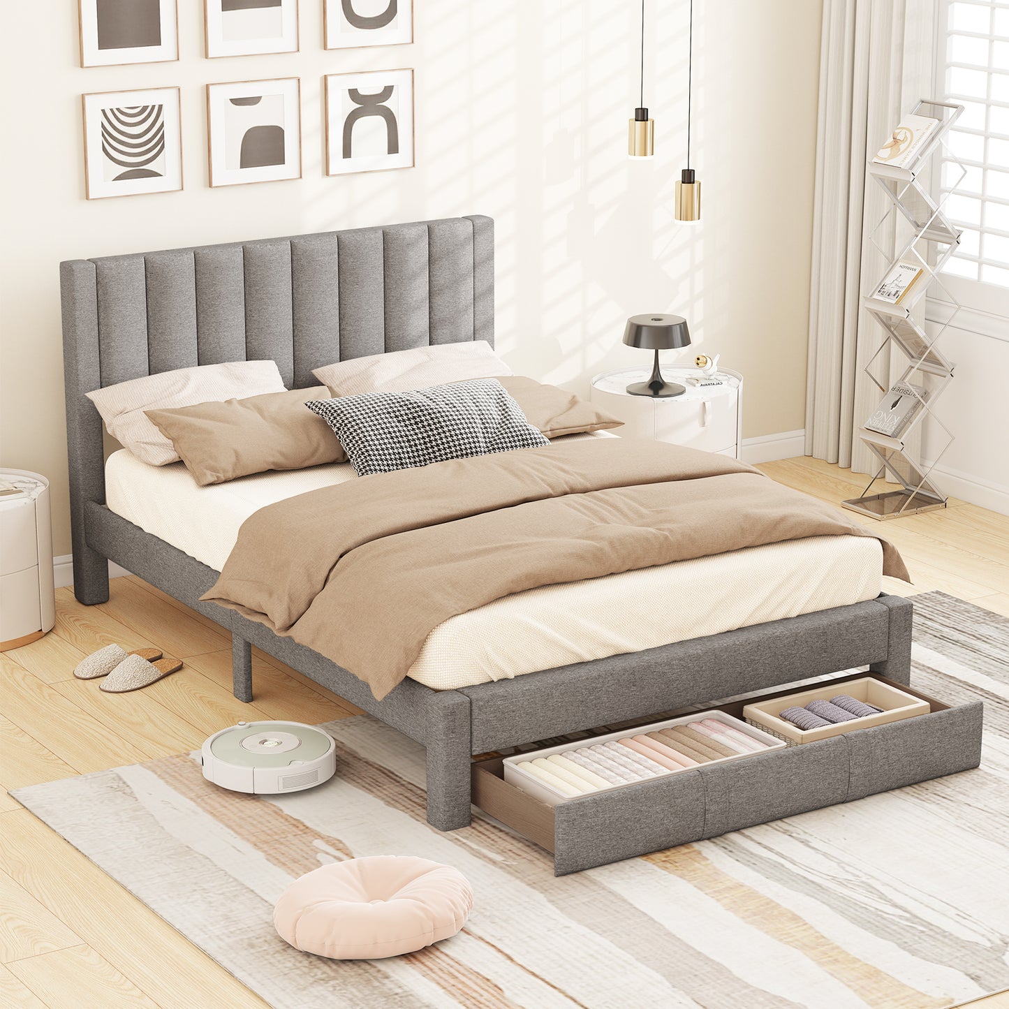 Queen Size Bed Frame with Storage Drawer and Vertical Channel Headboard-Gray