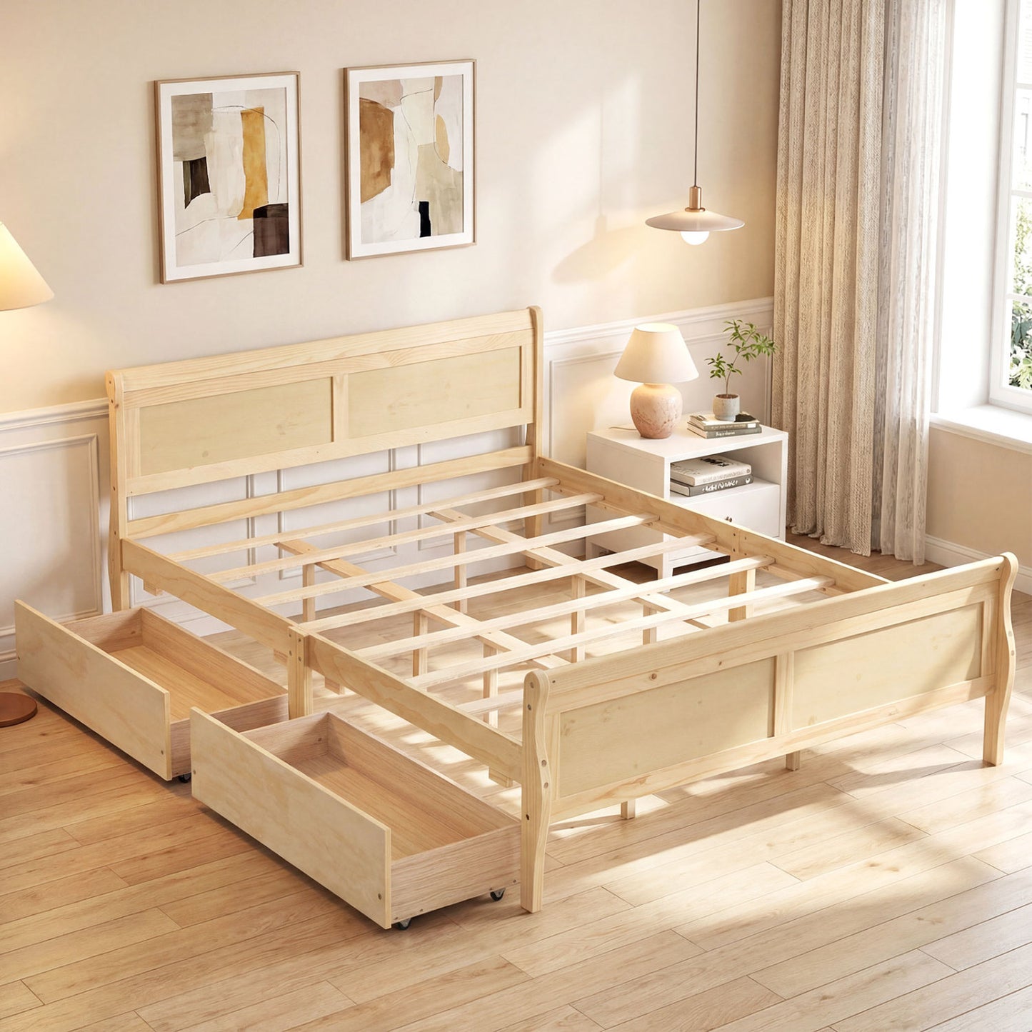 Queen Size Bed Frame with 2 Storage Drawers and Footboard
