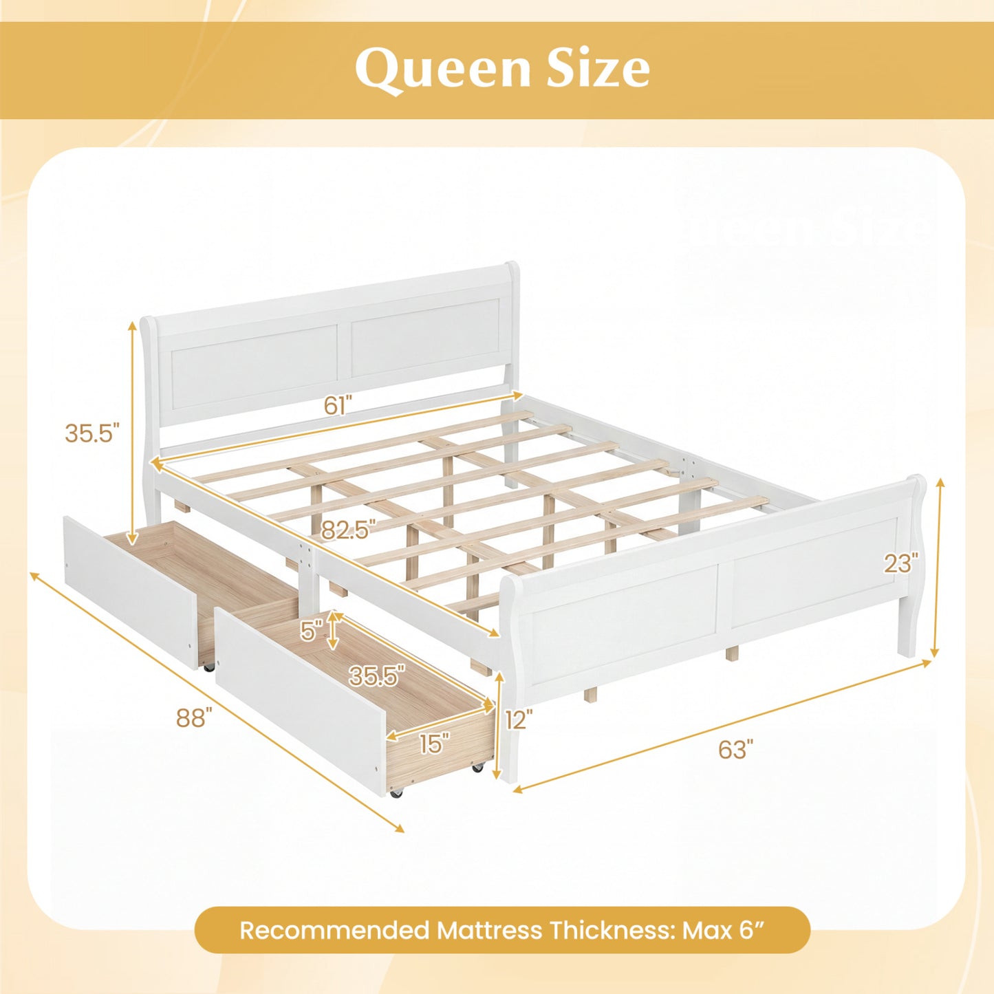 Queen Size Bed Frame with 2 Storage Drawers and Footboard