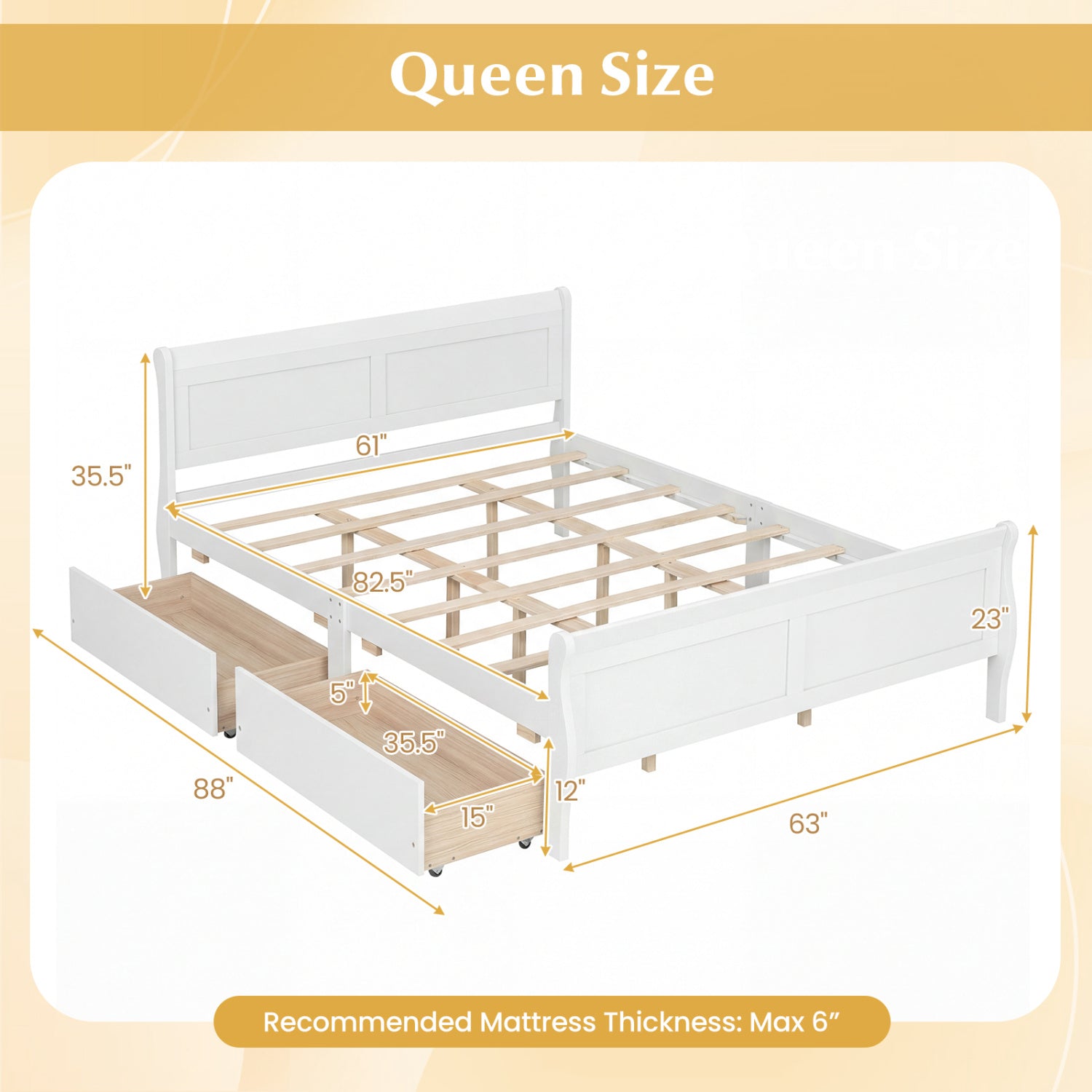 Queen Size Bed Frame with 2 Storage Drawers and Footboard
