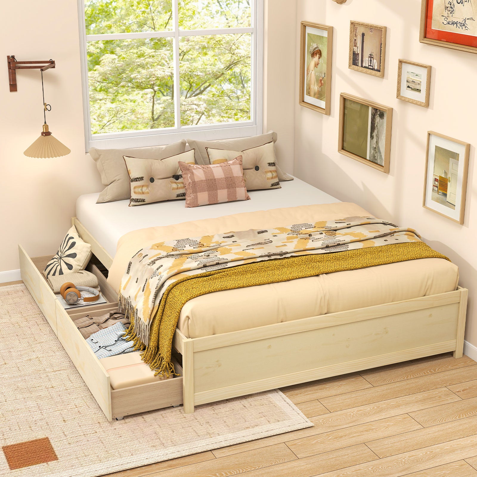 Queen Size Bed Frame with 2 Rolling Storage Drawers-Natural
