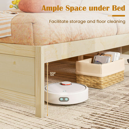 Queen Size Bed Frame with 2 Rolling Storage Drawers-Natural