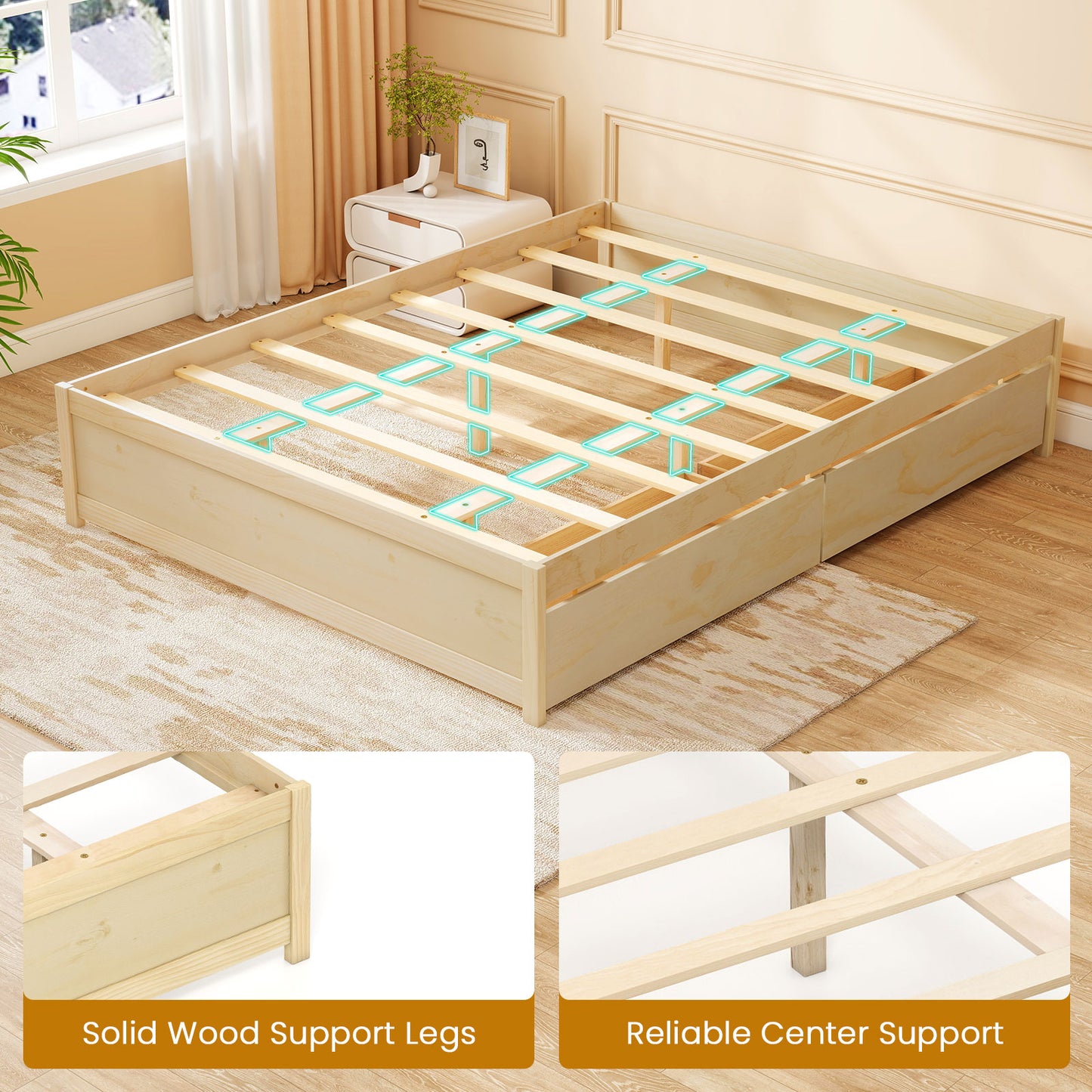 Queen Size Bed Frame with 2 Rolling Storage Drawers-Natural