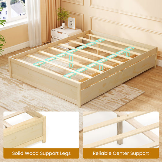Queen Size Bed Frame with 2 Rolling Storage Drawers-Natural