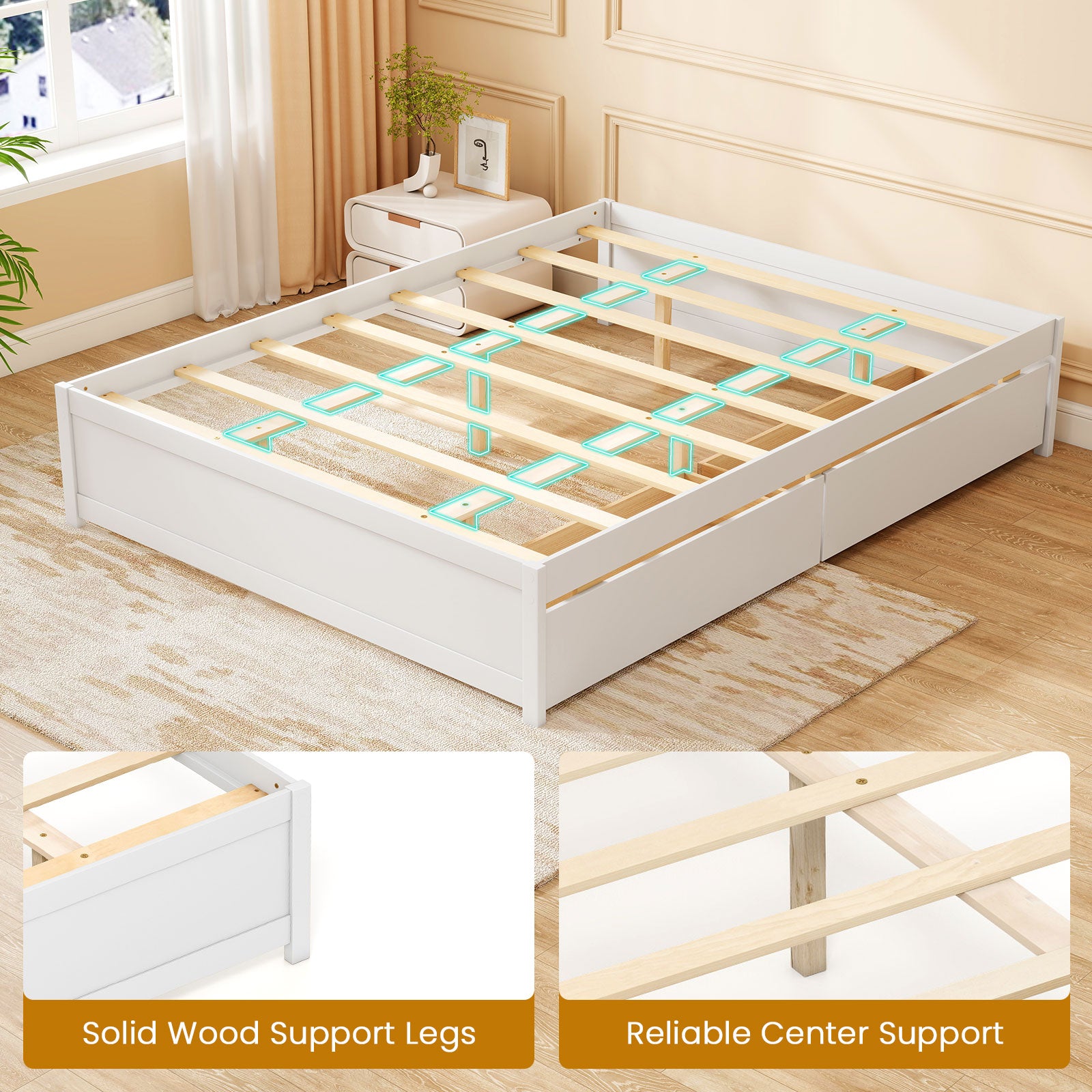 Queen Size Bed Frame with 2 Rolling Storage Drawers-White