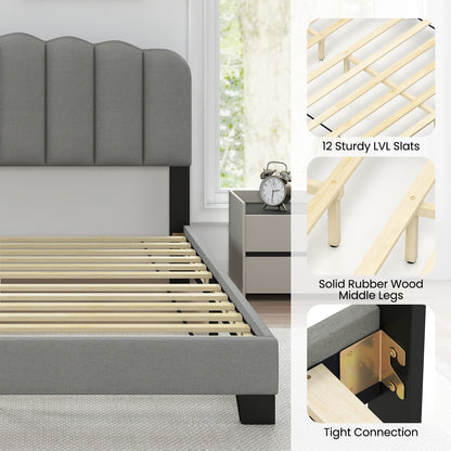 Queen Size Bed Frame with Adjustable Scalloped Tufted Headboard-Queen Size