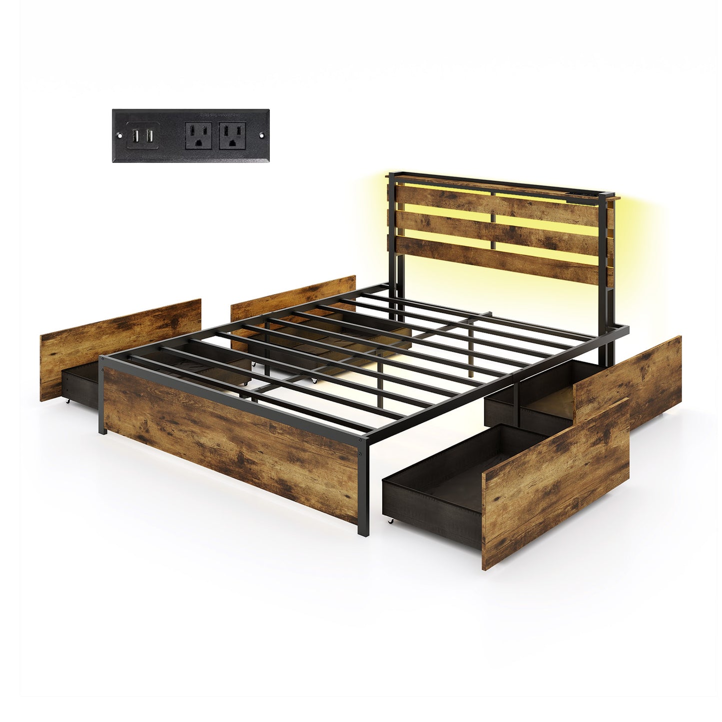 Full/Queen/Twin Size Bed Frame with Drawers LED Lights and USB Ports-Twin Size - Queen Size
