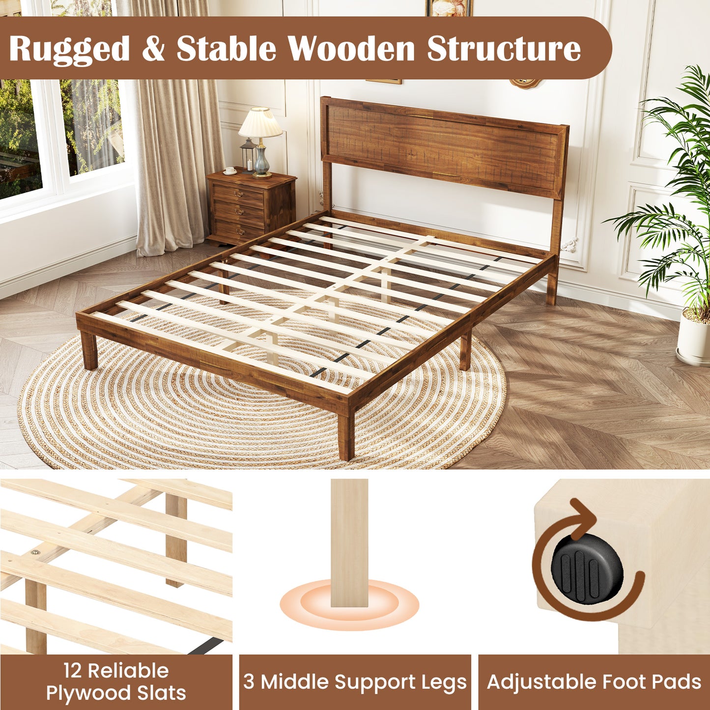 Twin/Full/Queen Size Bed Frame with Headboard and Wooden Slats Support