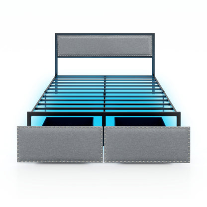 Full/Queen/Twin Size Bed Frame with LED Lights Drawer and Metal Slats-Twin Size - Queen Size