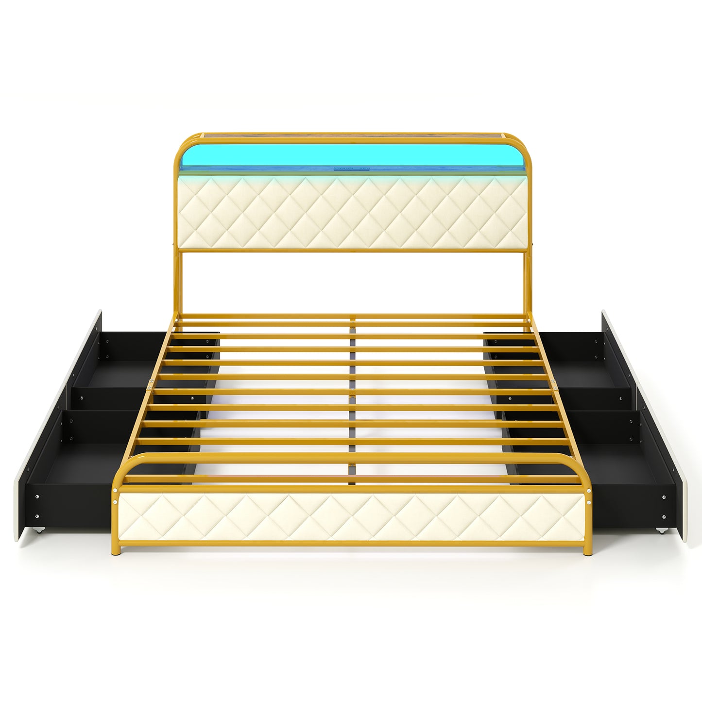 Twin/Full/Queen Size Bed Frame with LED Lights and Charging Station Gold-Full Size - Queen Size