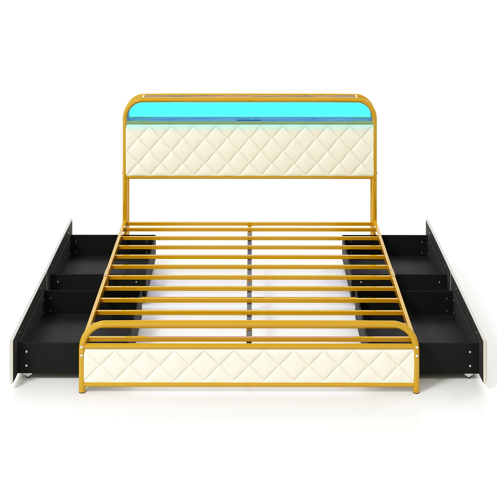 Twin/Full/Queen Size Bed Frame with LED Lights and Charging Station Gold-Full Size - Queen Size