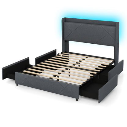 Full/Queen Size Bed Frame with LED Lights and Charging Station-Queen Size - Queen Size