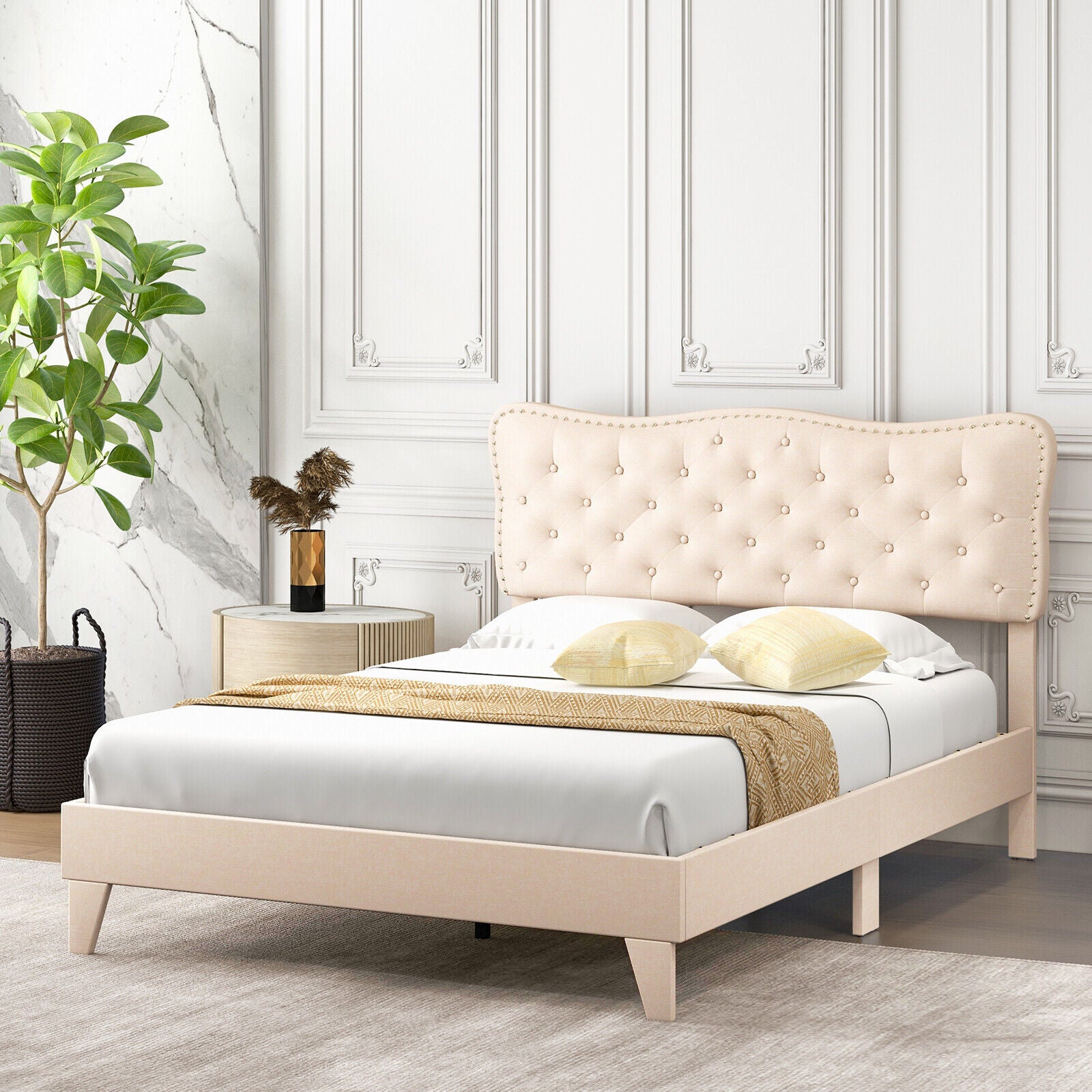 Full/Queen Size Bed Frame with Nail Headboard and Wooden Slats-Queen Size