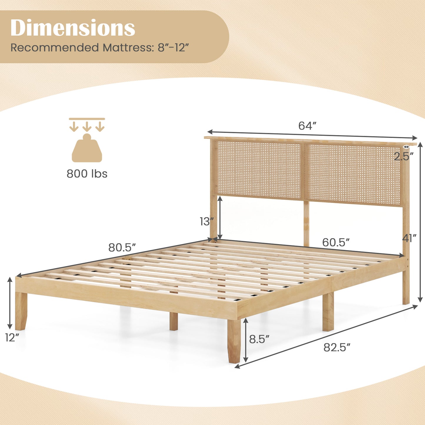 Twin/Full/Queen Size Bed Frame with Rattan Headboard