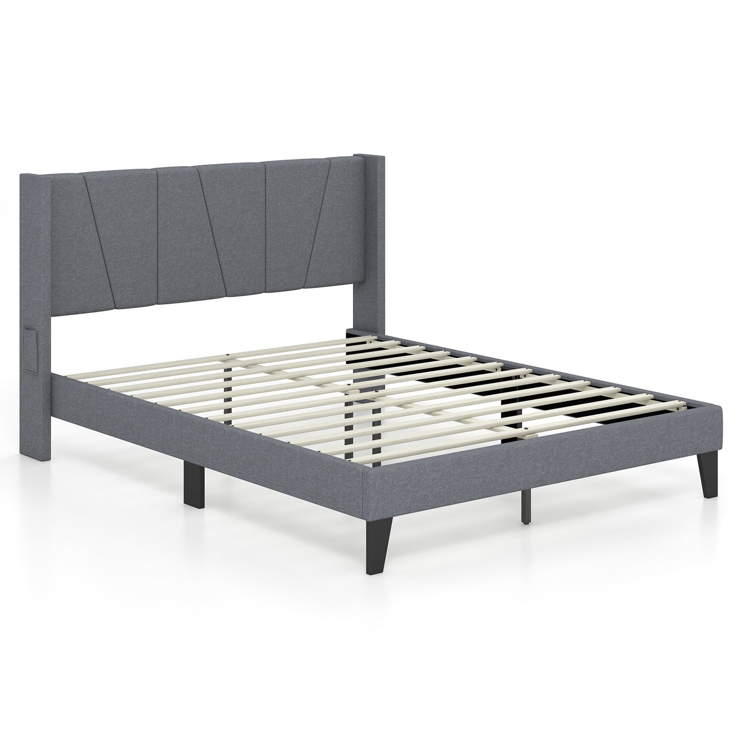 Full/Queen Size Bed Frame with Wingback Headboard and Wood Slat Support-Full Size - Queen Size