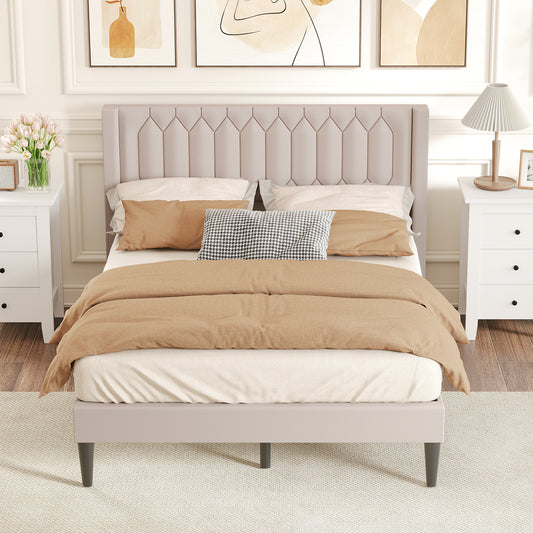 Queen Size Dutch Velvet/Linen Fabric Upholstered Platform Bed with Wingback Headboard and Wooden Slat Support-Beige