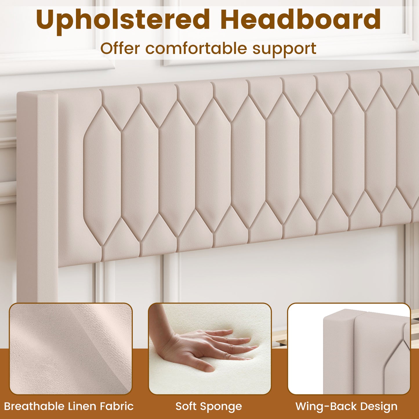 Queen Size Dutch Velvet/Linen Fabric Upholstered Platform Bed with Wingback Headboard and Wooden Slat Support-Beige