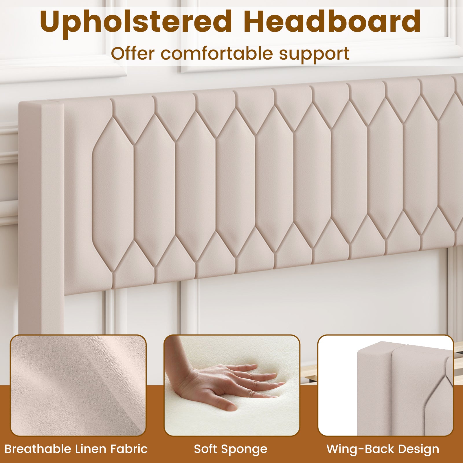 Queen Size Dutch Velvet/Linen Fabric Upholstered Platform Bed with Wingback Headboard and Wooden Slat Support-Beige