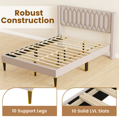 Queen Size Dutch Velvet/Linen Fabric Upholstered Platform Bed with Wingback Headboard and Wooden Slat Support-Beige