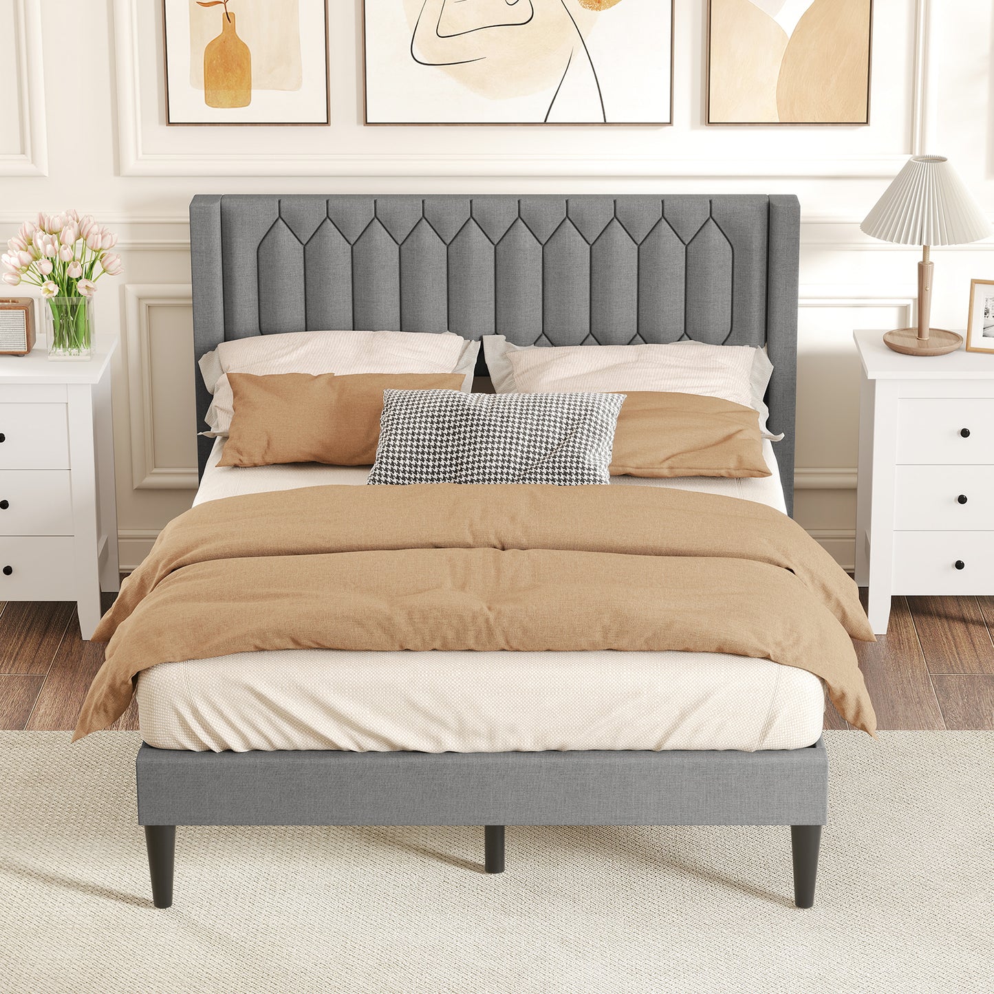 Queen Size Dutch Velvet/Linen Fabric Upholstered Platform Bed with Wingback Headboard and Wooden Slat Support-Gray„ÄÅ
