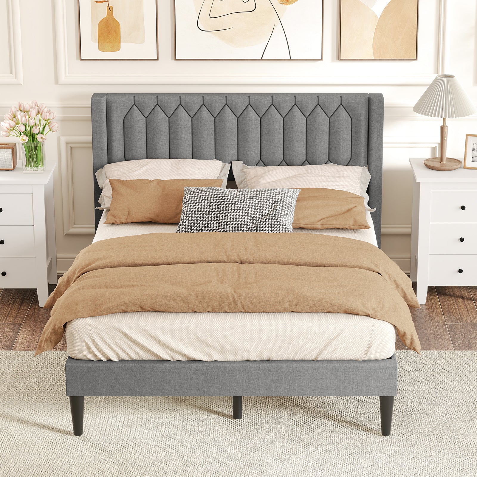 Queen Size Dutch Velvet/Linen Fabric Upholstered Platform Bed with Wingback Headboard and Wooden Slat Support-Gray„ÄÅ