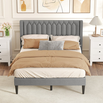 Queen Size Dutch Velvet/Linen Fabric Upholstered Platform Bed with Wingback Headboard and Wooden Slat Support-Gray„ÄÅ