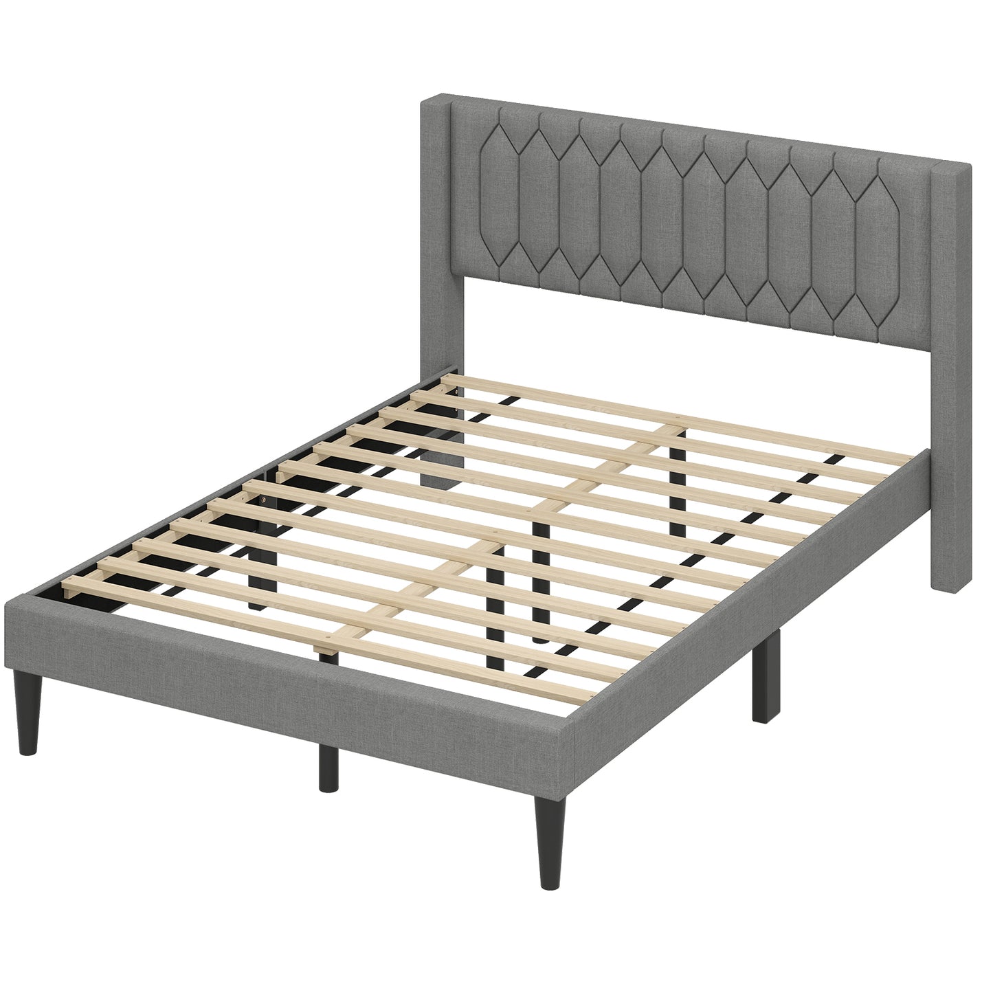 Queen Size Dutch Velvet/Linen Fabric Upholstered Platform Bed with Wingback Headboard and Wooden Slat Support-Gray„ÄÅ