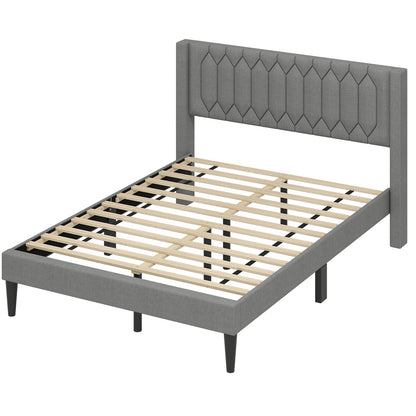 Queen Size Dutch Velvet/Linen Fabric Upholstered Platform Bed with Wingback Headboard and Wooden Slat Support-Gray„ÄÅ