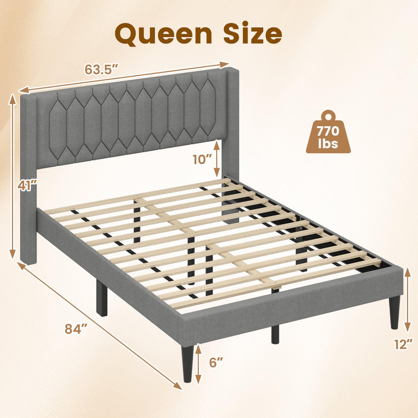 Queen Size Dutch Velvet/Linen Fabric Upholstered Platform Bed with Wingback Headboard and Wooden Slat Support-Gray„ÄÅ