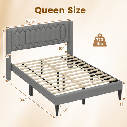 Queen Size Dutch Velvet/Linen Fabric Upholstered Platform Bed with Wingback Headboard and Wooden Slat Support-Gray„ÄÅ