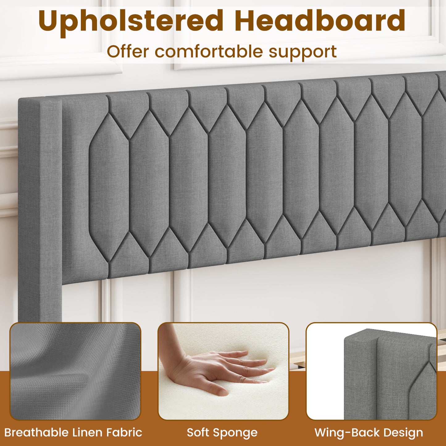 Queen Size Dutch Velvet/Linen Fabric Upholstered Platform Bed with Wingback Headboard and Wooden Slat Support-Gray„ÄÅ