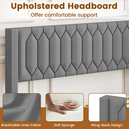 Queen Size Dutch Velvet/Linen Fabric Upholstered Platform Bed with Wingback Headboard and Wooden Slat Support-Gray„ÄÅ