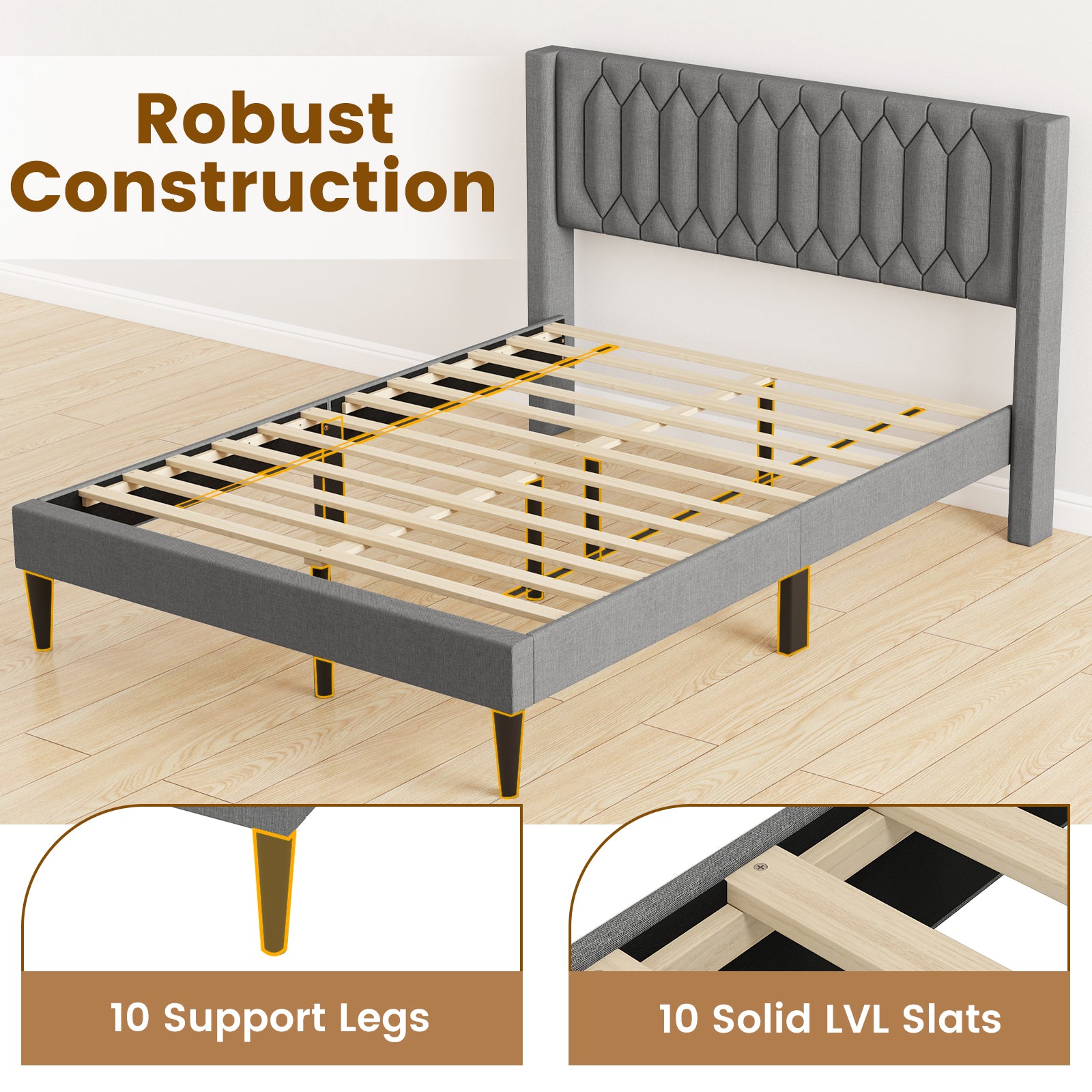 Queen Size Dutch Velvet/Linen Fabric Upholstered Platform Bed with Wingback Headboard and Wooden Slat Support-Gray„ÄÅ