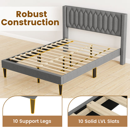 Queen Size Dutch Velvet/Linen Fabric Upholstered Platform Bed with Wingback Headboard and Wooden Slat Support-Gray„ÄÅ