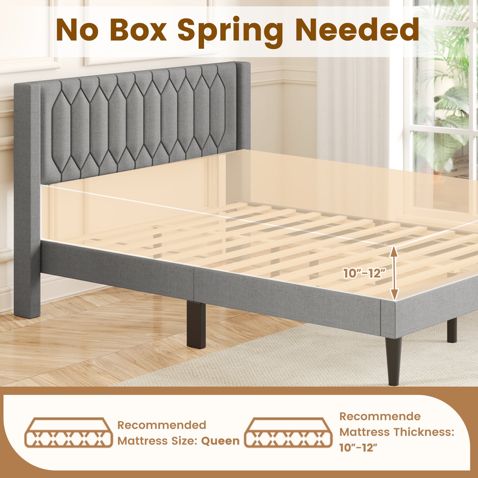 Queen Size Dutch Velvet/Linen Fabric Upholstered Platform Bed with Wingback Headboard and Wooden Slat Support-Gray„ÄÅ