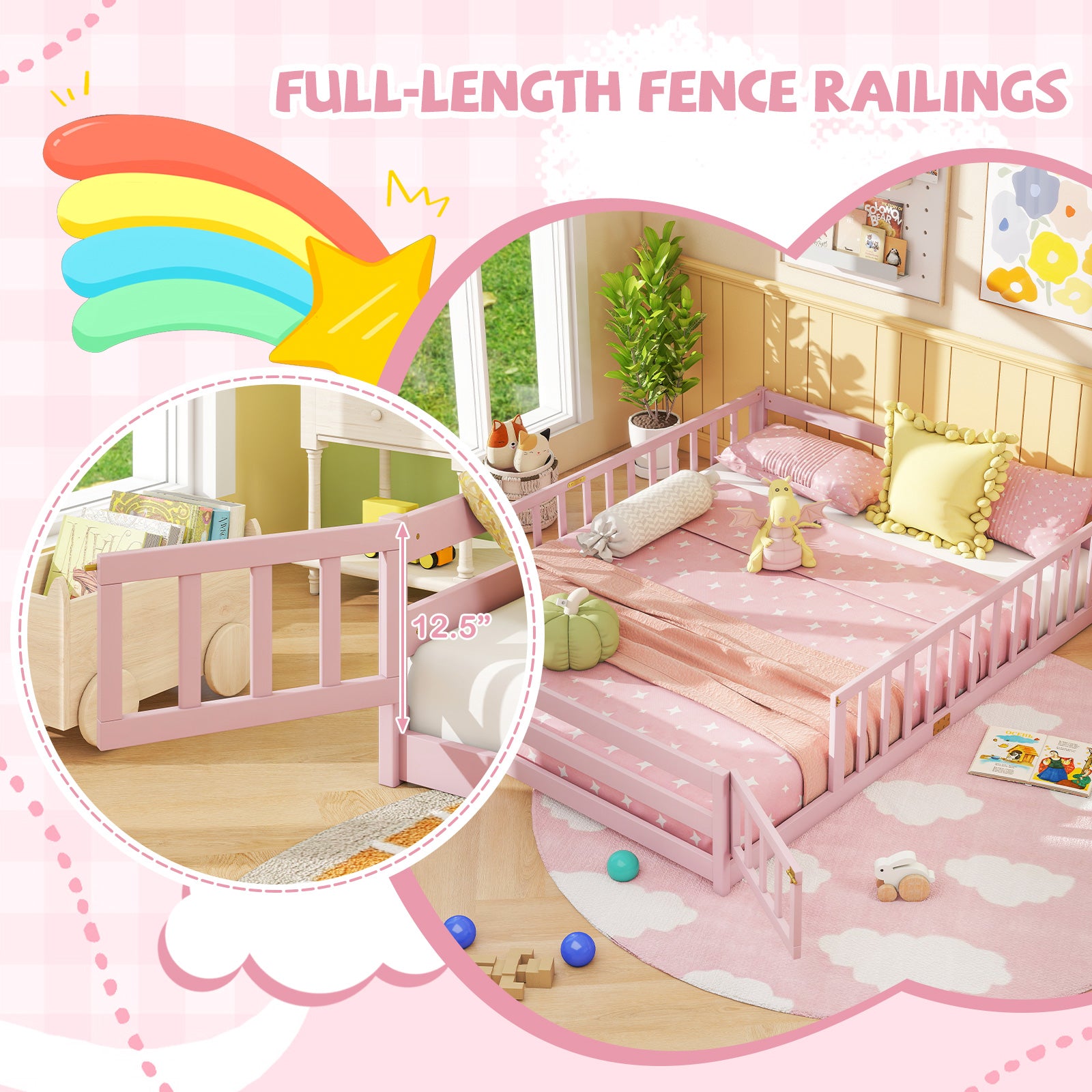 Queen Size Floor Bed Kids Montessori Bed Frame with Full Length Safety Guardrails