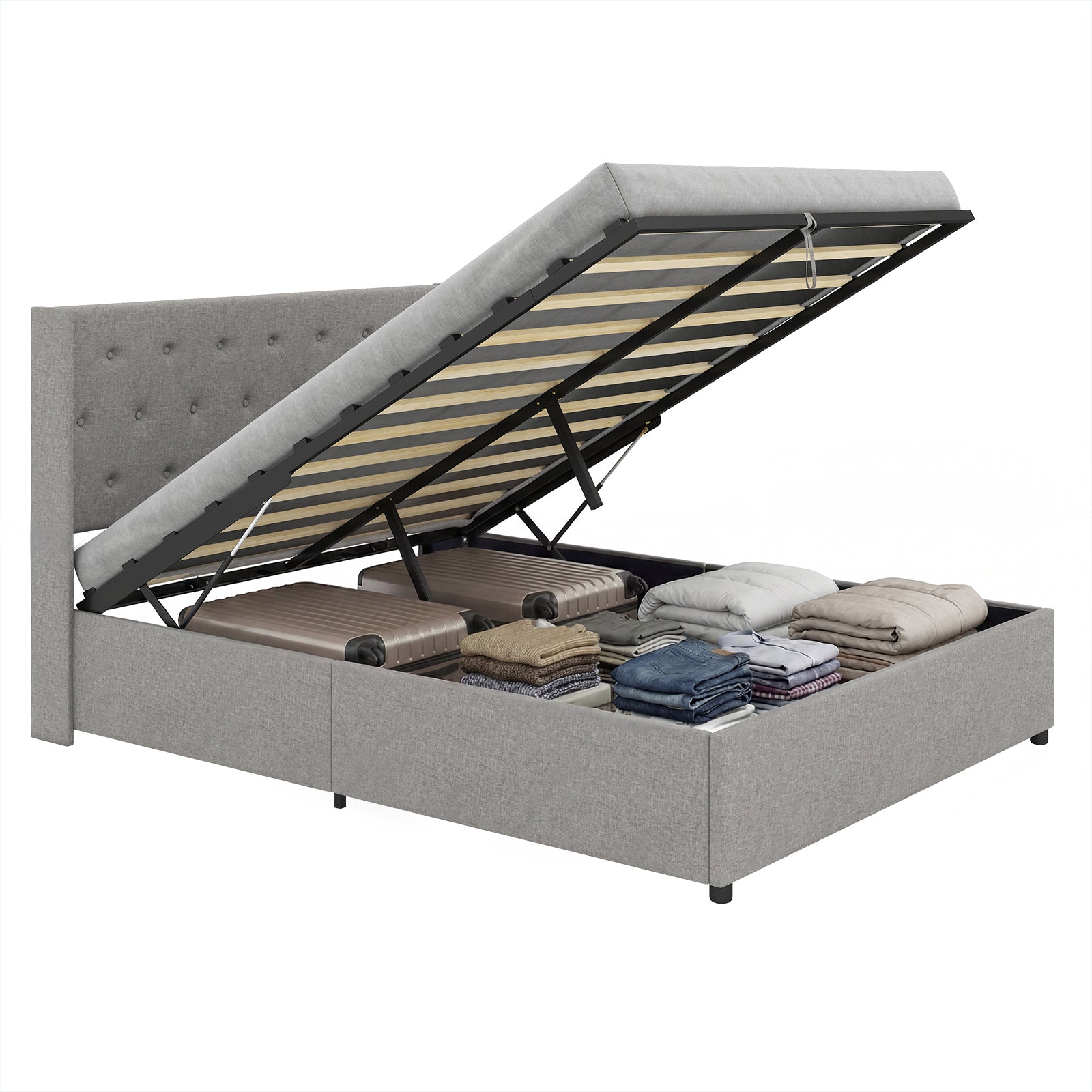 Queen Size Lift-up Storage Bed Modern Linen Upholstered Platform Bed-Gray